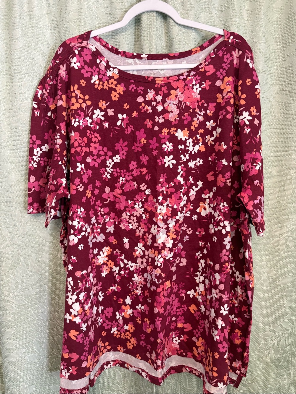 Woman Within Floral Short-Sleeve Tunic Top - Burgundy Pink Orange